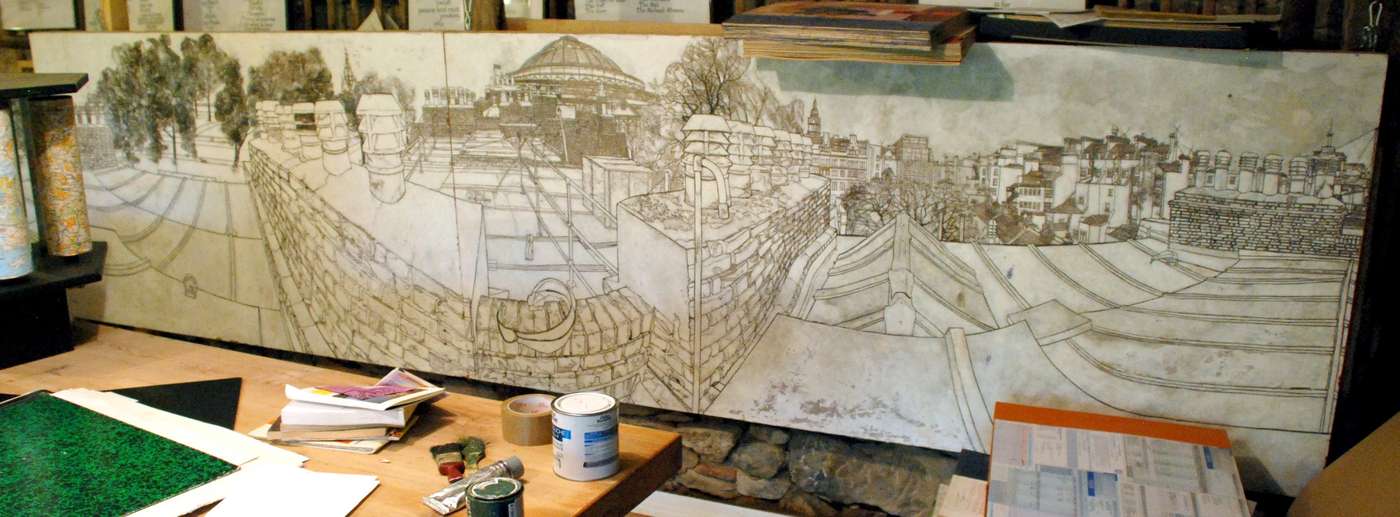 Drawing of Kensington Rooftops in John Furnival's studio